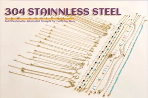Collection of 304 stainless steel necklaces with gold chains and heart pendants on beige background