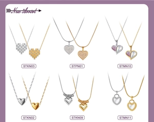 Collection of minimalist heart pendant necklaces in gold and silver variety with SKU labels
