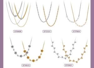 Detailed catalog of gold and silver minimalist stainless steel necklaces with pearls