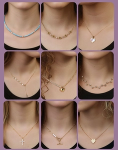 Detailed grid showing vintage-style gold necklaces with pearls and diverse pendants