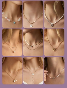 Collage of 9 elegant 18k gold plated necklaces with mother of pearl and heart pendants