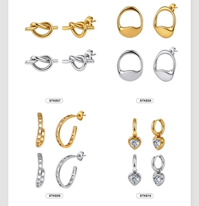 Collage of four minimalist stainless steel earring styles in gold and silver finishes