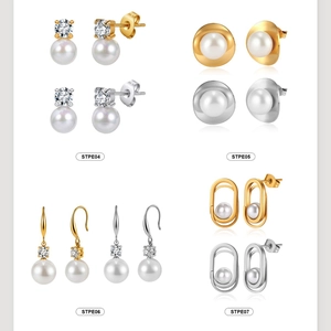 Gold and silver stainless steel pearl earrings set in four modern geometric styles
