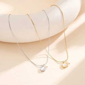 Roestvrijstalen Vierkante Parelmoer Hanger Ketting Met Natuurlijke Zoetwaterparel Elegante Vergulde Verzilverde Minimalistische Sieraden Voor Dames