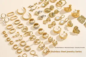 Detailed flat lay of 18K gold-plated 304 stainless steel honeycomb earrings and rings