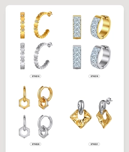 Detailed display of assorted stainless steel earrings in gold and silver finishes