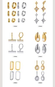 Detail view of various crystal and pearl earrings in gold and silver finishes