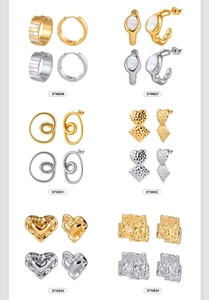 Detailed assortment of stainless steel earrings in gold and silver with textured finishes