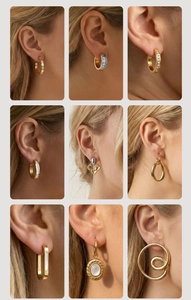 Detailed collection of nine gold geometric earrings with zircon and shell inlay details