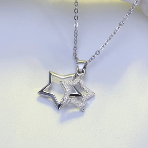 Elegant S925 sterling silver double star pendant necklace with cubic zirconia stones