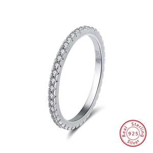 S925 sterling silver eternity ring with clear cubic zirconia in a 45-degree angle view