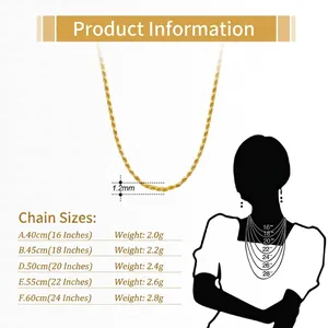 Größentabelle für 1,2mm goldene Kordelkette mit Längenangaben von 16 bis 24 Zoll