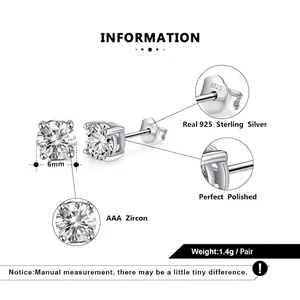 Boucles d'oreilles classiques en argent 925 avec zircon AAA 6mm et serti quatre griffes