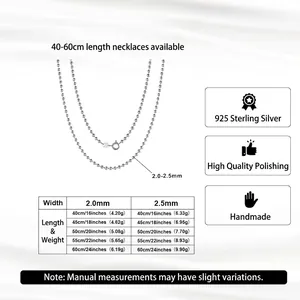 925 sterling silver 2.0mm bead chain necklace size chart and specifications