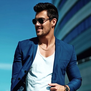 Détail d'une chaîne Figaro dorée de 3,3 mm pour homme portée avec un blazer bleu élégant