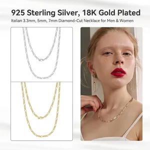 Chaînes Figaro en argent sterling 925 avec placage en or 18 carats pour hommes et femmes