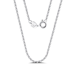 Macro detail of S925 sterling silver cable chain with ITALY hallmark and spring clasp