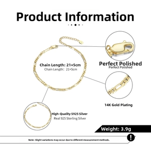 S925 sterling silver Figaro anklet with 14K gold plating and 21+5cm adjustable chain