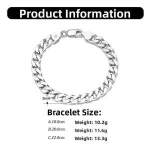 Detailed size chart for 5mm S925 sterling silver Cuban link bracelet with weight specs