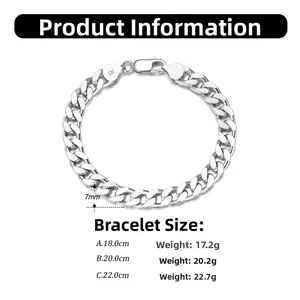 Detail view of 7mm S925 sterling silver Cuban link bracelet with size and weight charts