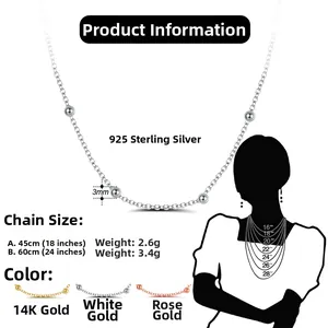 Größentabelle für 3mm Sterlingsilber Perlenkette in Gold, Silber und Roségold