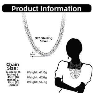 Size chart for 7mm 925 sterling silver Cuban chain necklace with length comparison