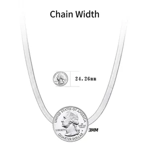 S925 Sterling Silver 3mm flat snake bone chain compared with coins for width scale
