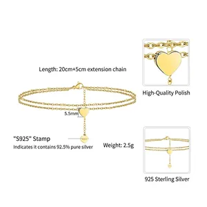 Bracelet de cheville double couche en argent S925 doré avec breloques cœur réglables