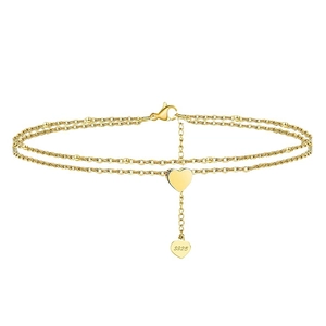 Bracelet de cheville double couche en perles dorées avec pendentifs cœur pour femme