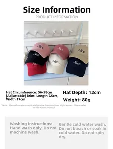 Size guide for minimalist embroidered baseball cap showing adjustable circumference and brim dimensions