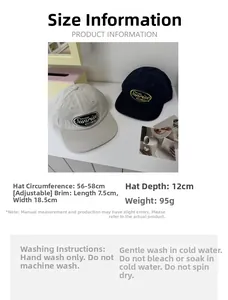 Size guide for navy blue and beige embroidered baseball caps with washing instructions