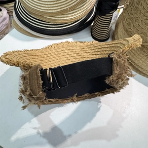 Detail of adjustable elastic back strap and frayed straw edge on sun visor hat