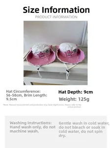 Size chart for pink gradient cowboy hat with star embroidery and washing instructions