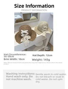 Size guide for straw hat showing 10cm brim and 56-58cm circumference with washing tips