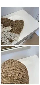 Close-up detail of woven straw texture and elegant white lace bow on a sun hat