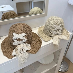 Women French Vintage Lace Bowknot Straw Sun Hat Foldable Wide Brim Beach Vacation Summer Breathable Sunshade Bucket Hat