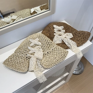 Lace bow straw hats in cream and dark brown, foldable sun hats for seaside beach vacation