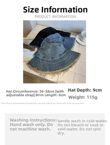 Detailed size chart and washing guide for denim bucket hat with studs and frayed edges