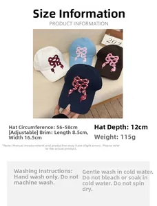 Size chart for bow baseball caps with 56-58cm adjustable strap and washing instructions