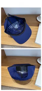 Detail view of navy blue quick-dry 5-panel hat showing adjustable strap and inner structure