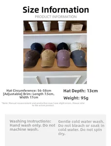 Detailed size specifications for adjustable cotton baseball caps in eight assorted colors