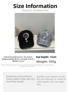 Detailed size chart for distressed denim baseball cap with question mark embroidery