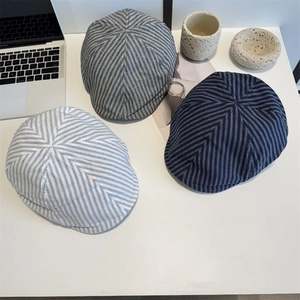 Japanese retro striped newsboy cap for women in dark blue, light grey, and cream colors