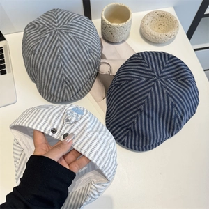 Japanese retro striped beret hat in grey, navy, and white with breathable cotton fabric