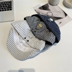 Japanese retro striped cotton beret hats in blue, grey, and navy with embroidery detail