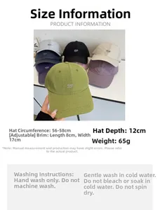 Size chart for adjustable plaid baseball cap with detailed measurements and washing guide