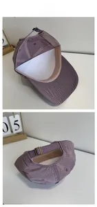 Detail of plaid baseball cap showing metal buckle strap and inner protective lining