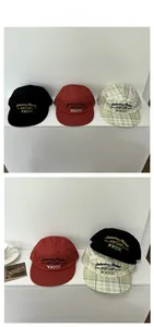 Detailed tile display of five-panel camp caps with embroidered suburban revival patches