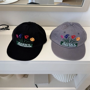 Women Embroidered Tulip Flower Baseball Cap With OLIVER'S FLOWER GARDEN Text Polyester Adjustable Sunshade Casual Sports Hat