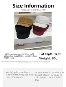 Detailed size chart and care instructions for retro washed flat top military caps